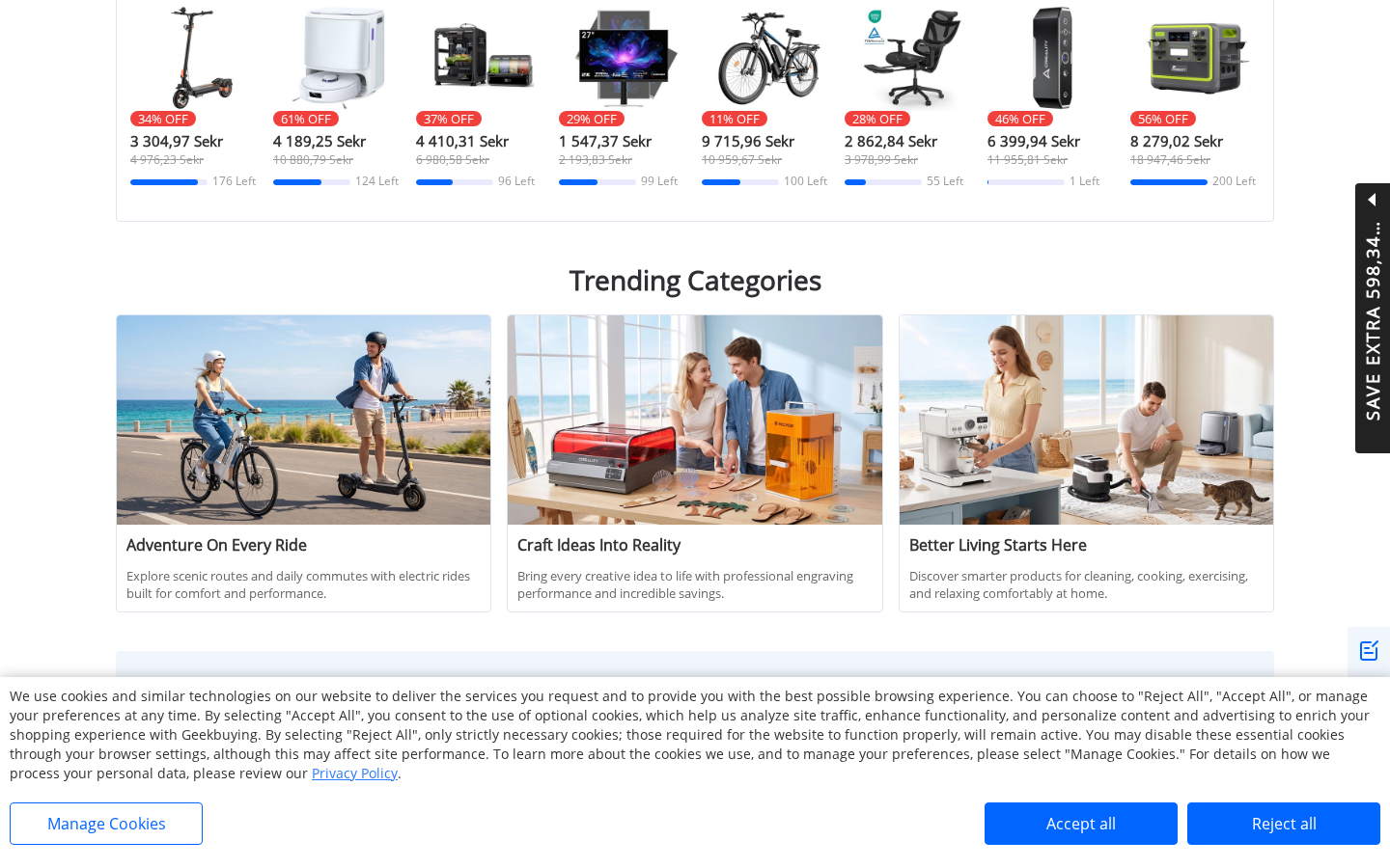 Geekbuying deals grid — percent-off badges, discounted prices and stock counters.