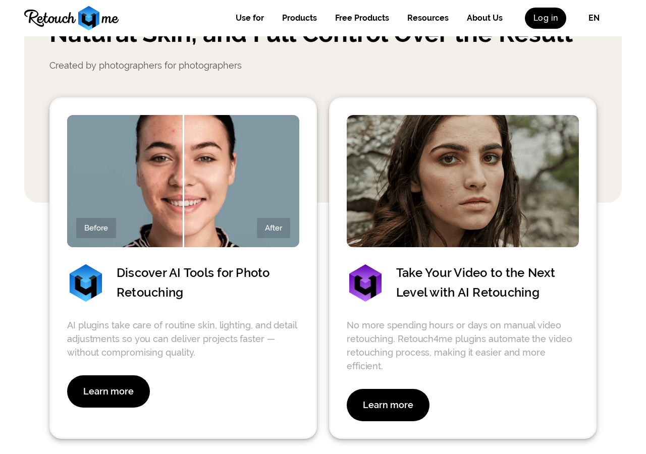 Retouch4me homepage section — 'Discover AI Tools for Photo Retouching' and 'Take Your Video to the Next Level with AI Retouching'.