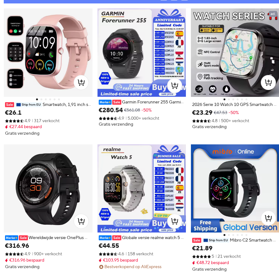 AliExpress smartwatch listings captured from aliexpress.com.