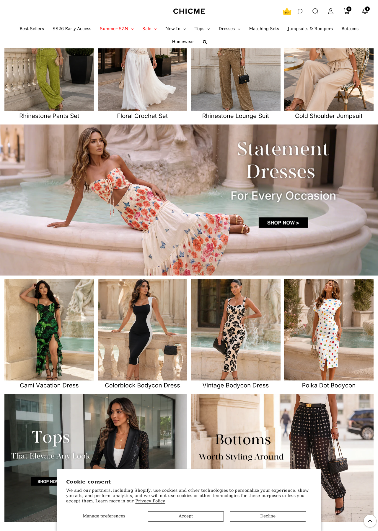 ChicMe homepage promo strip showing $10 off at $99 and $15 off at $129.