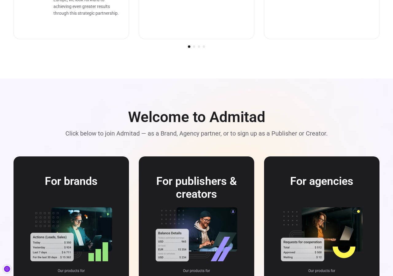 'Welcome to Admitad' — sign-up cards for Brands, Publishers & Creators, and Agencies on admitad.com.
