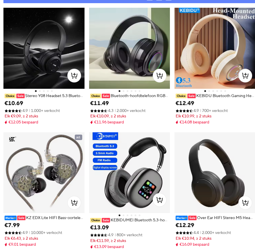 AliExpress search results — headphones category on aliexpress.com.