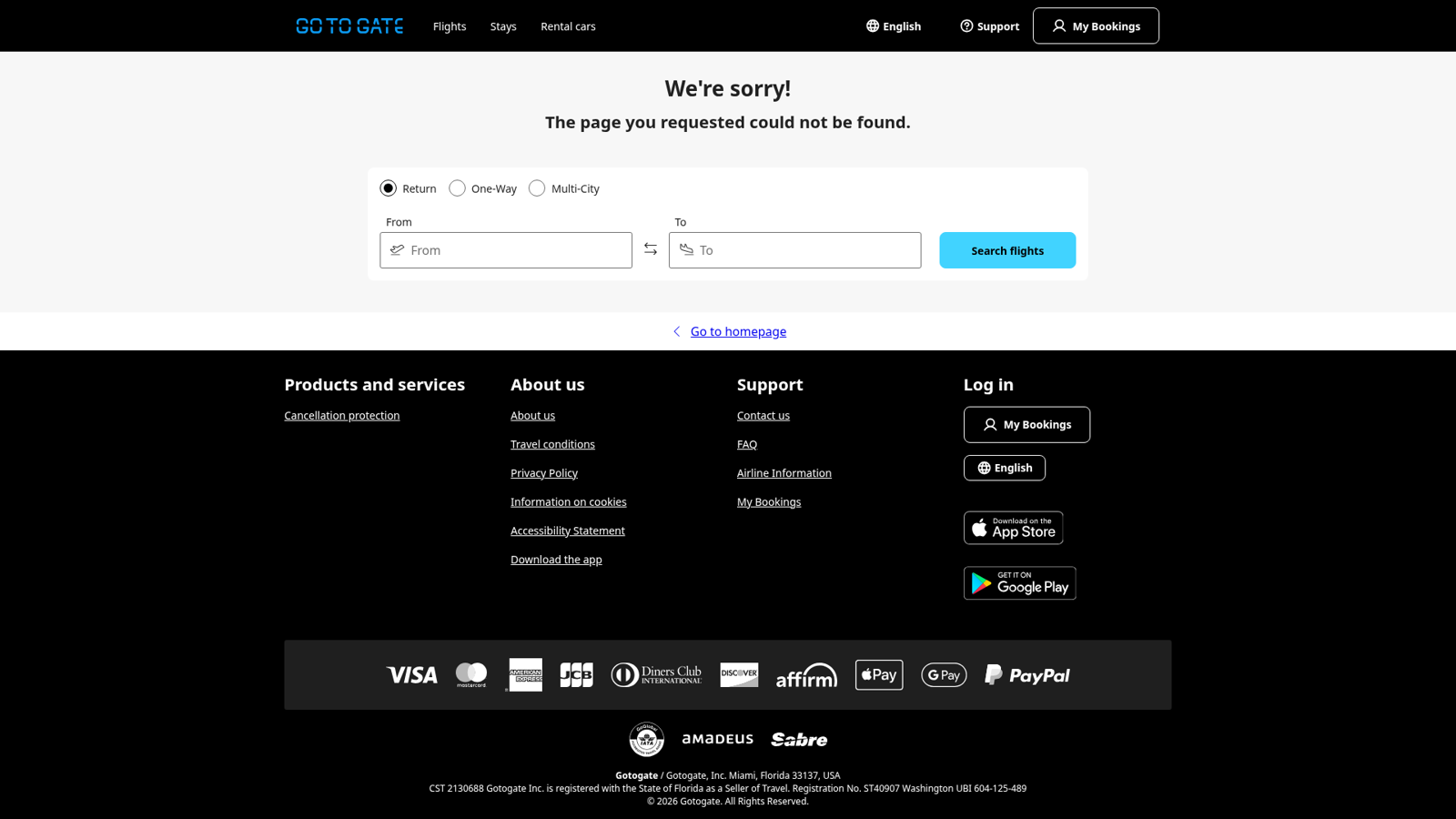 Gotogate footer with My Bookings, contact, App Store and Google Play download buttons.