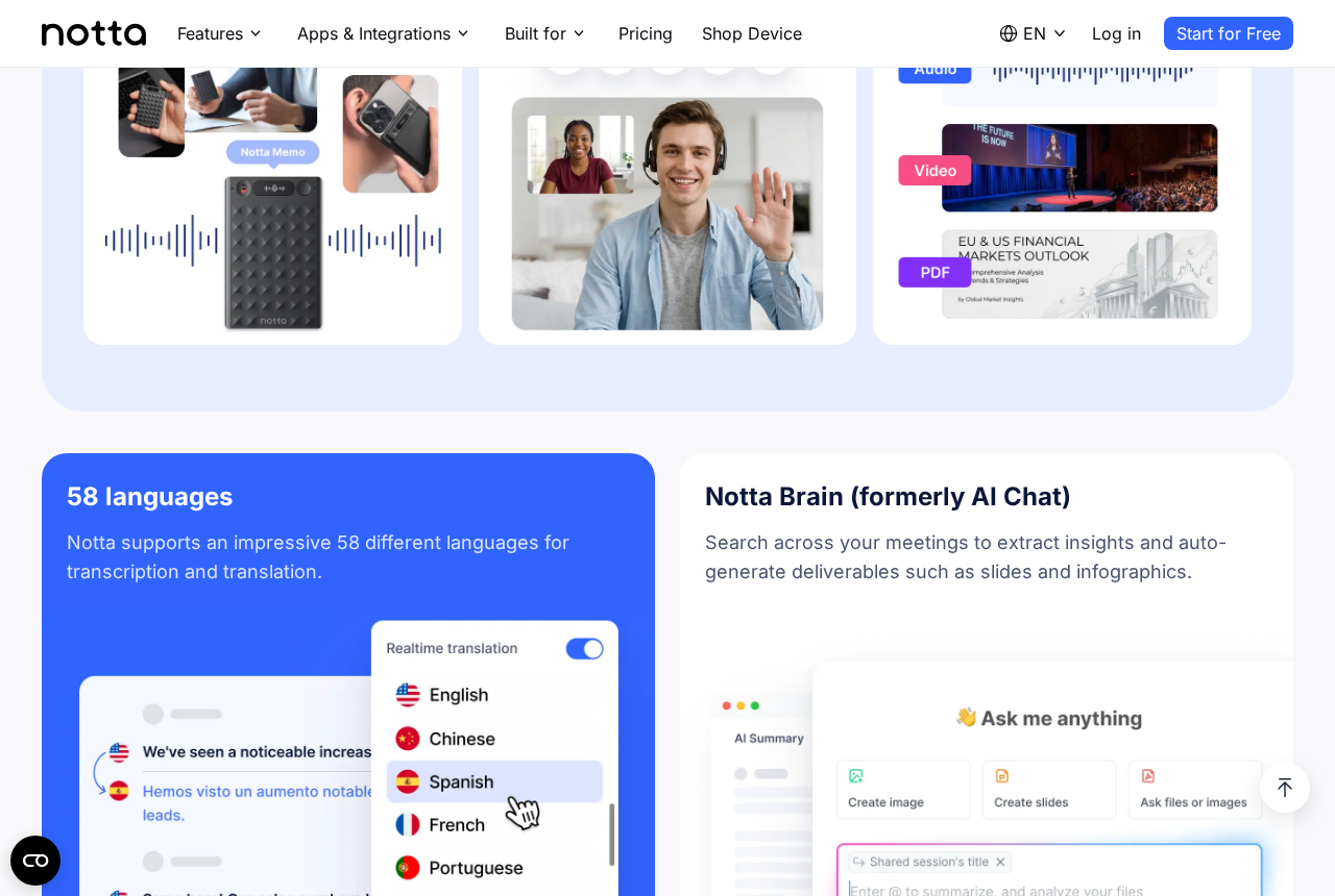 Notta feature cards — 58 languages with realtime translation, and Notta Brain answering questions across recorded meetings.