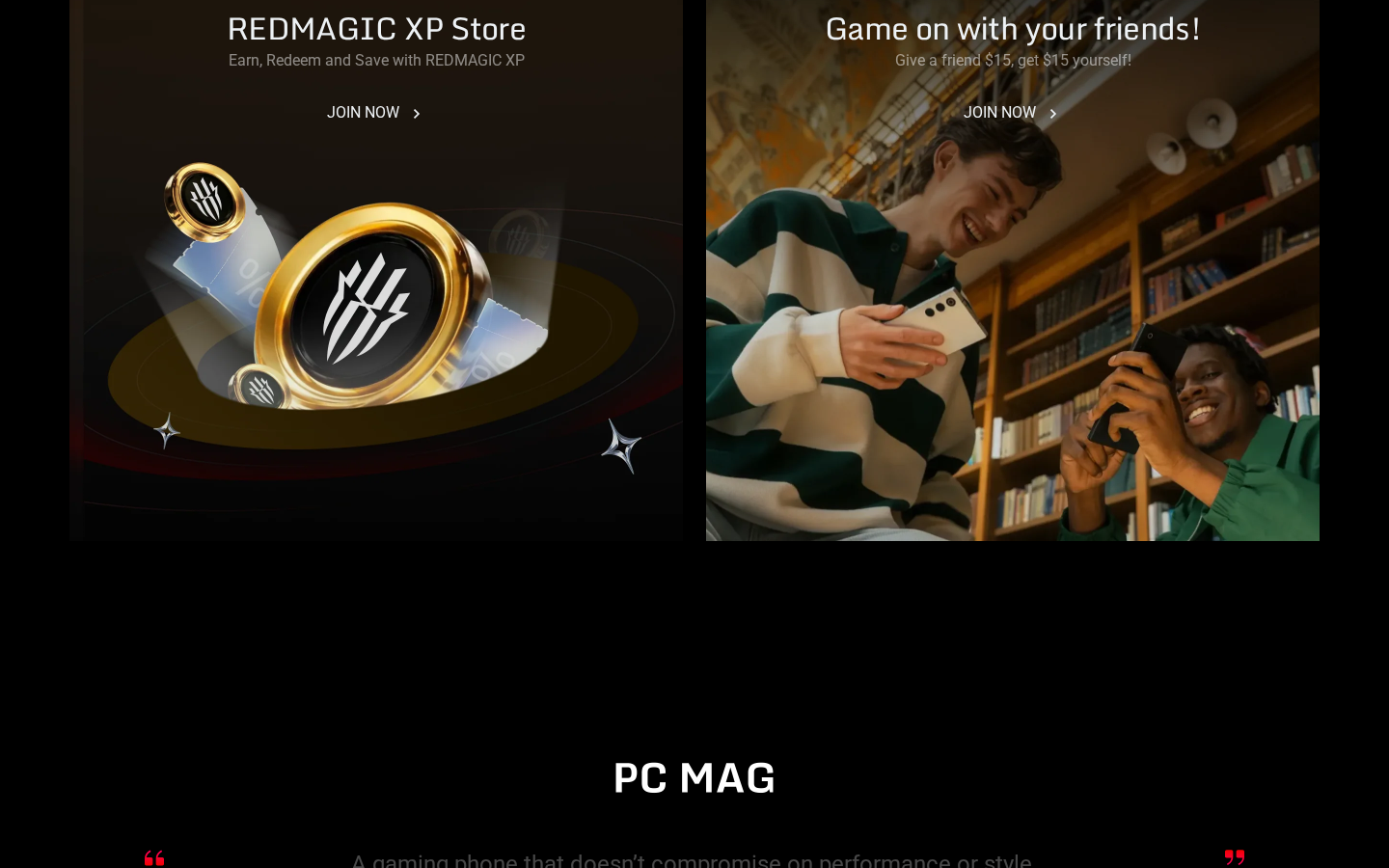 REDMAGIC XP Store and Refer-a-Friend blocks on the homepage.