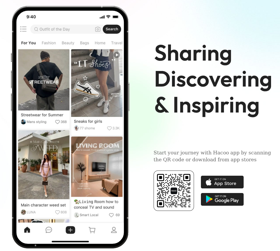 Hacoo homepage on hacoo.app with the 'Sharing · Discovering & Inspiring' headline next to an in-app For You feed.