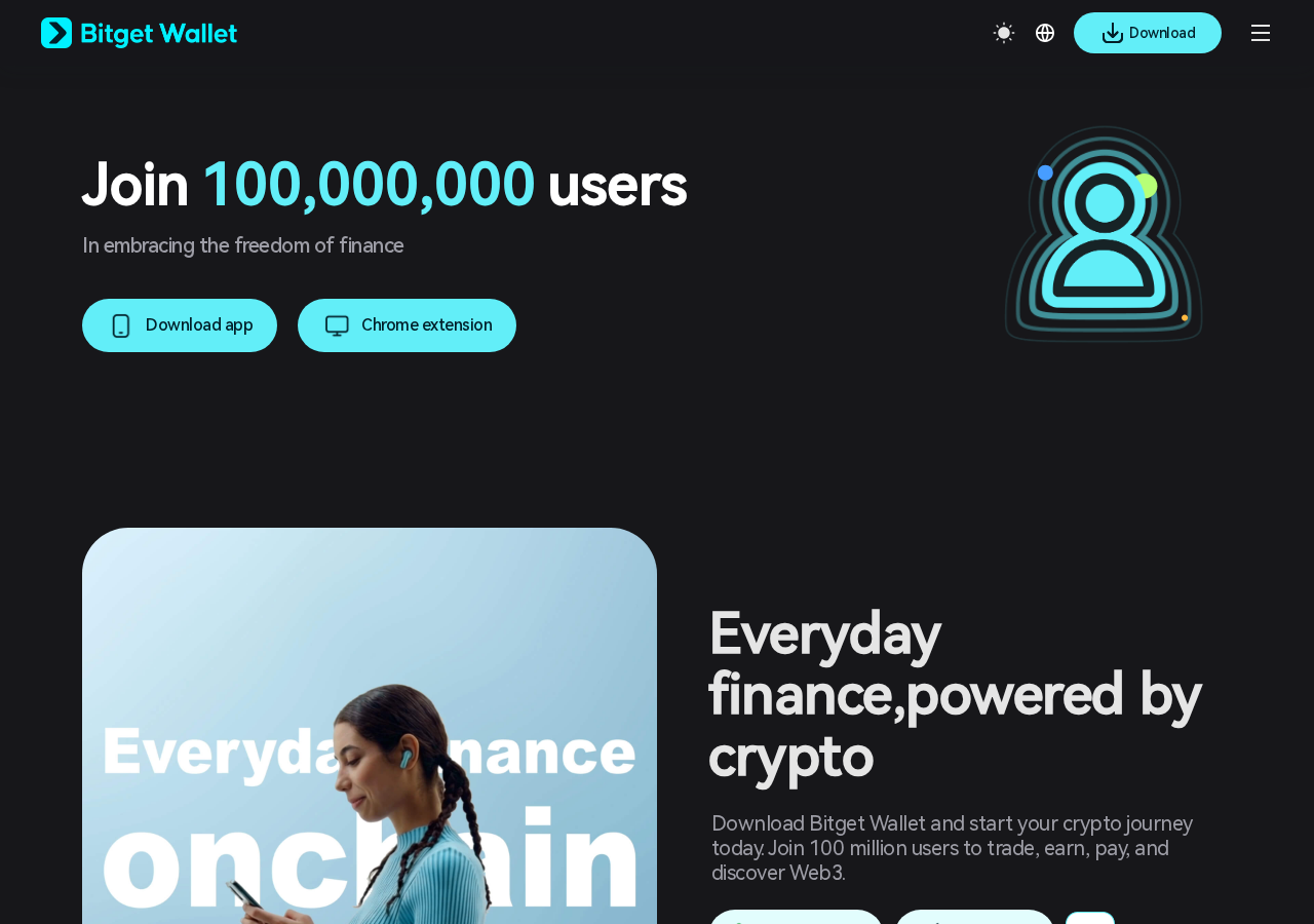 Bitget Wallet download page — 'Join 100,000,000 users', with app download and Chrome extension buttons.