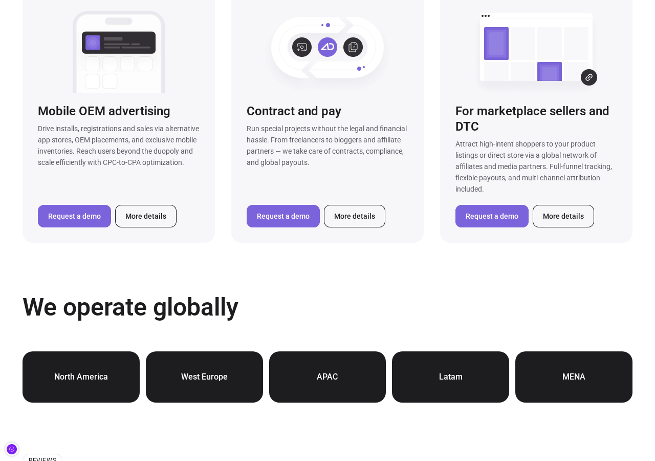 Admitad global regions — North America, West Europe, APAC, LATAM and MENA on admitad.com.