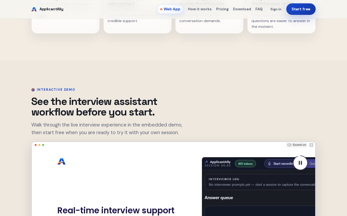 ApplicantAlly interactive demo — a simulated live session with interviewer log, answer queue and recording controls.