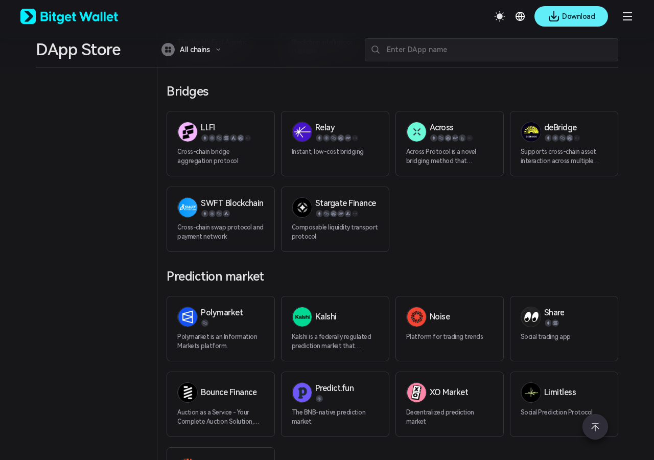Bitget Wallet DApp Store bridges and prediction market shelves — LI.FI, Relay, Across, Stargate, Polymarket and Kalshi.