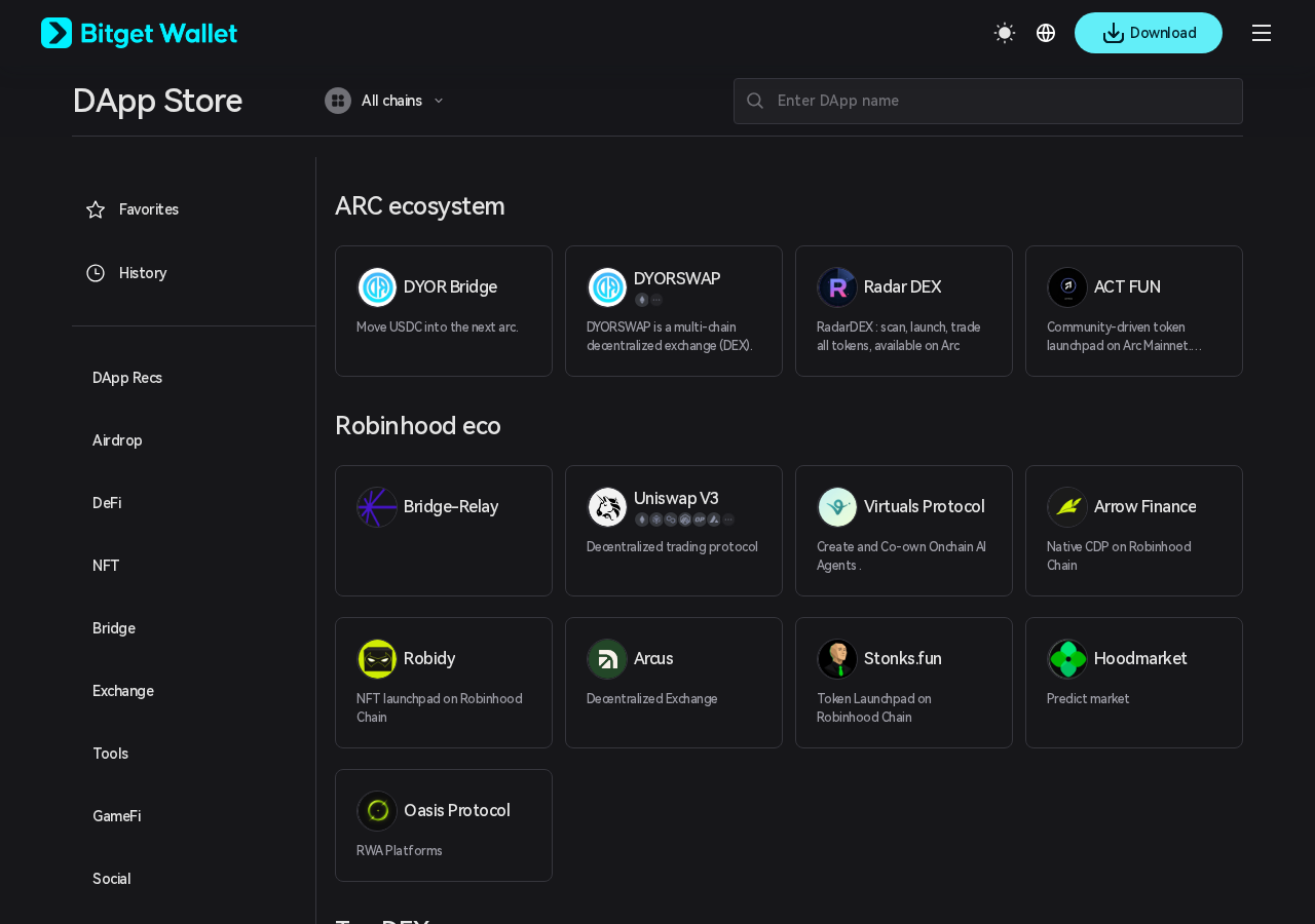 Bitget Wallet DApp Store — chain filter and shelves of DeFi, NFT and launchpad applications with chain badges.