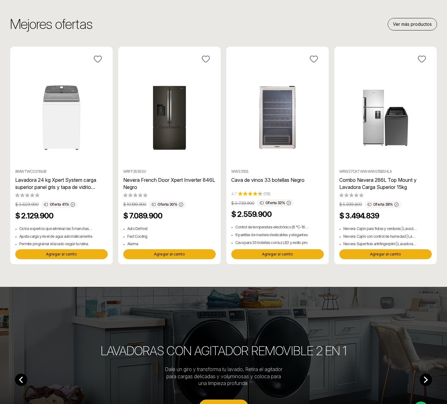 Whirlpool 'Mejores ofertas' grid — washer, refrigerator, wine cellar and combo bundles.