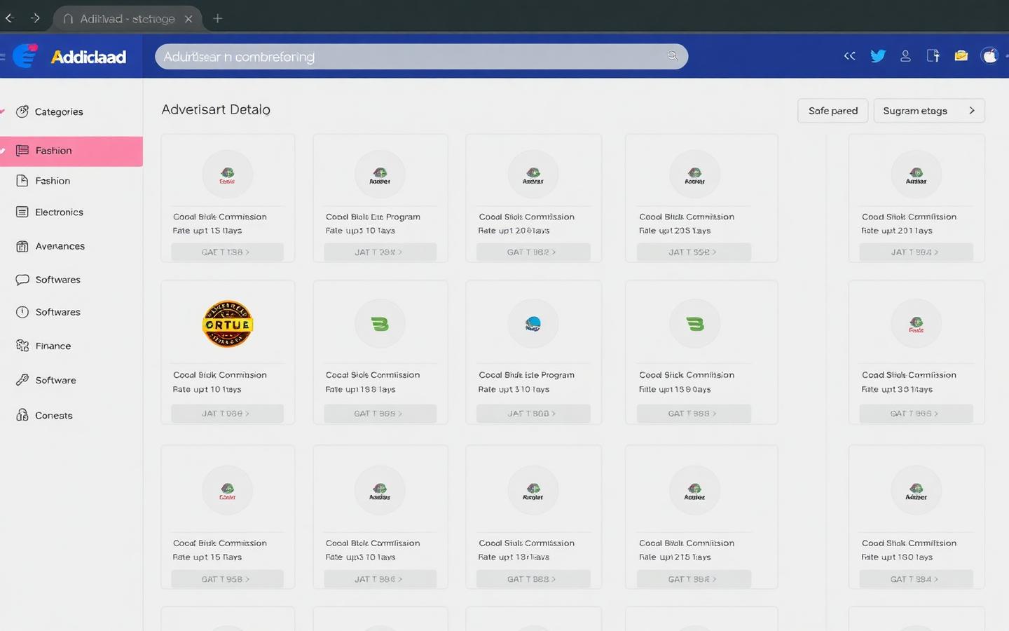 Admitad advertiser program catalogue with commission rates and category filters.