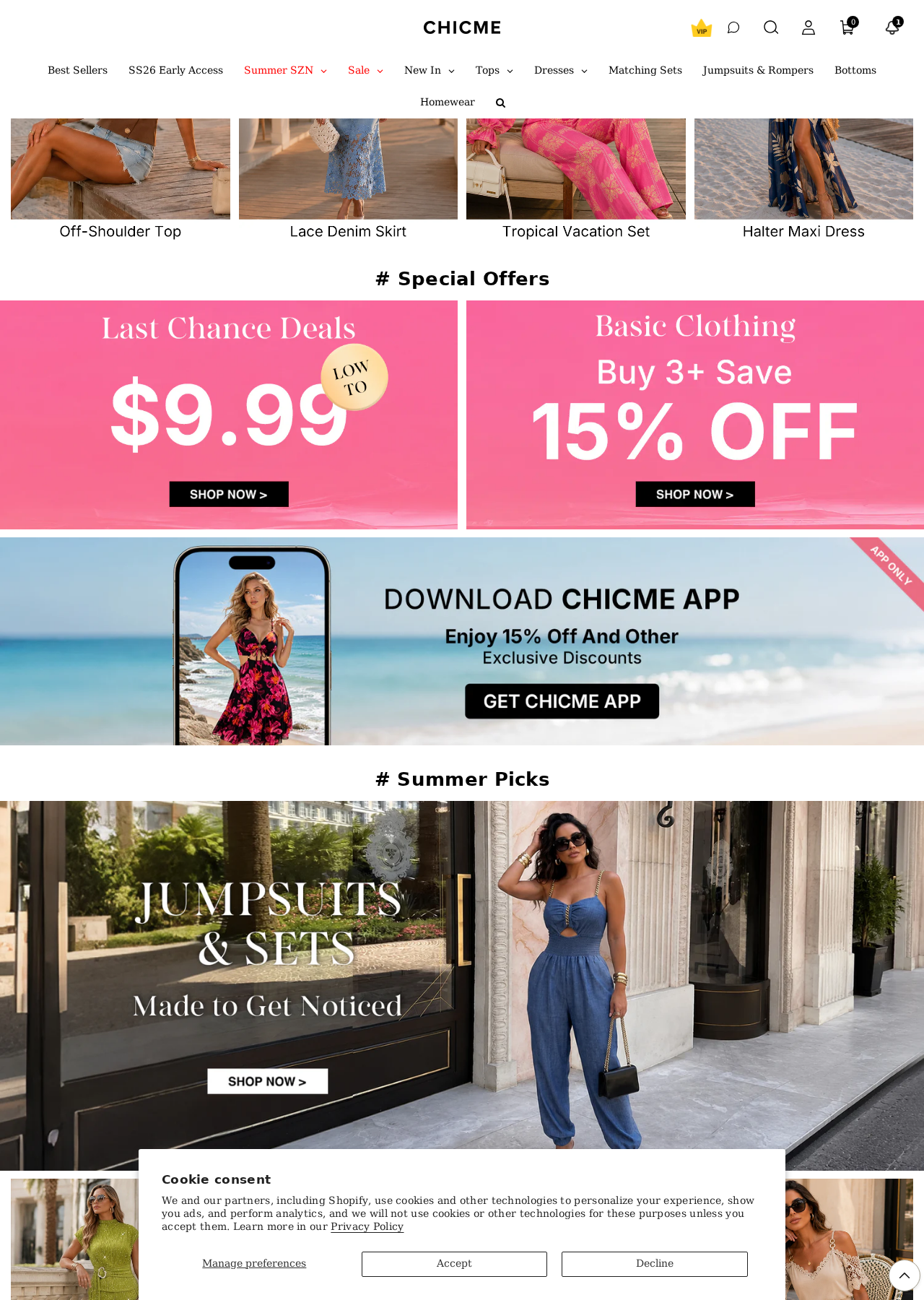 ChicMe Shop By Category ring: Dresses, Jumpsuits, 2 Pieces, Tops, Bottoms, Homewear.
