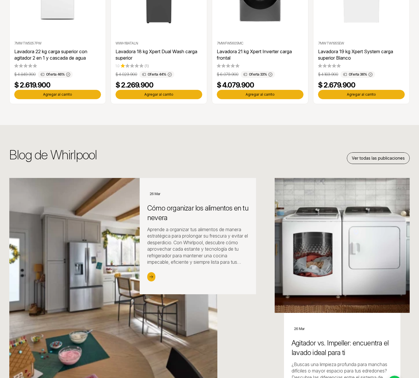 Whirlpool lifestyle lineup — 'Lavadoras con agitador removible 2 en 1' feature strip.
