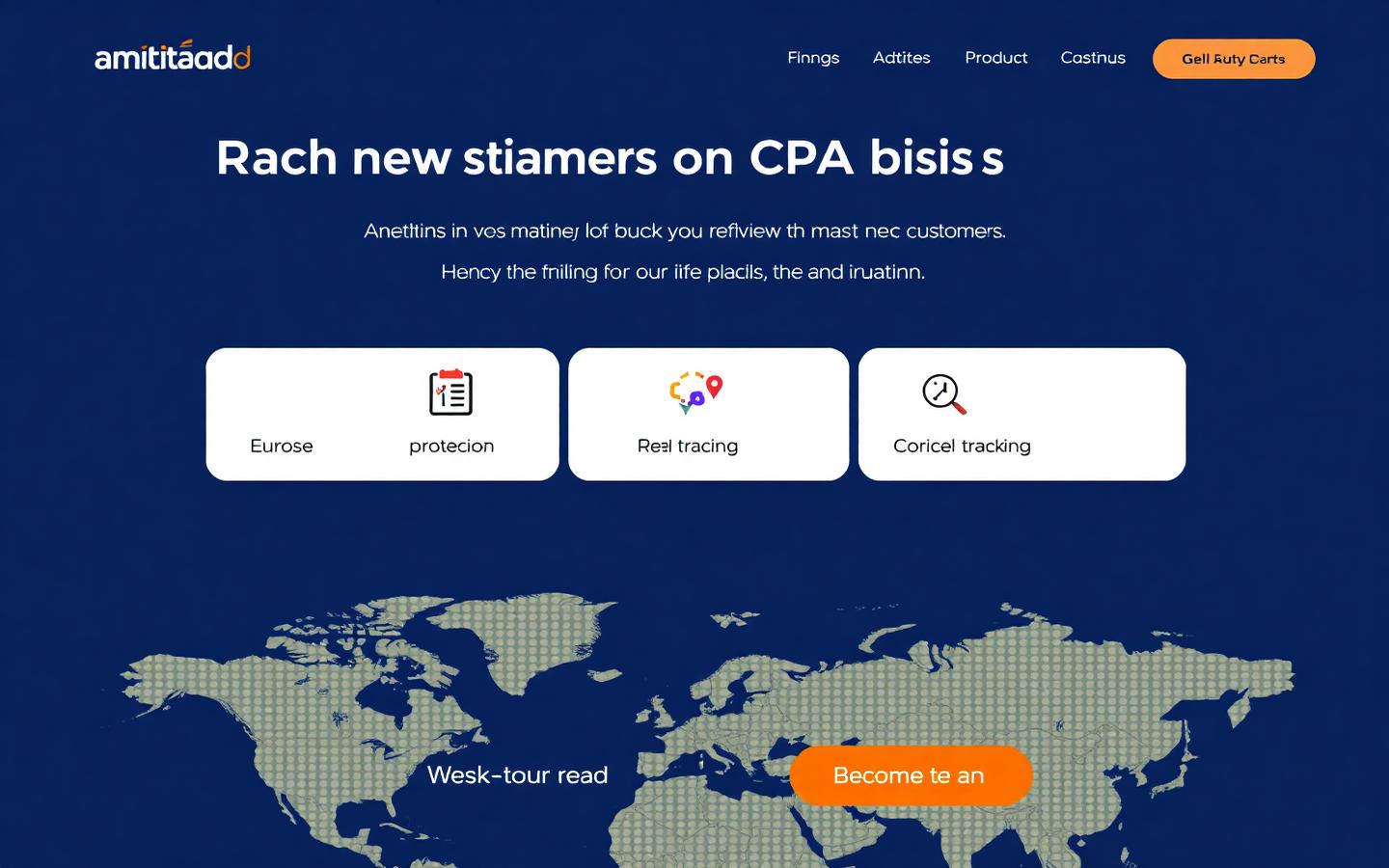 Admitad advertiser landing page describing CPA reach, fraud protection and real-time tracking.
