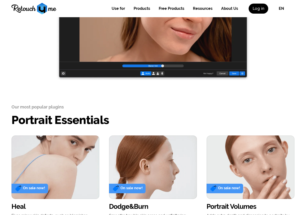 Retouch4me plugins page showing Portrait Essentials: Heal, Dodge&Burn and Portrait Volumes cards.