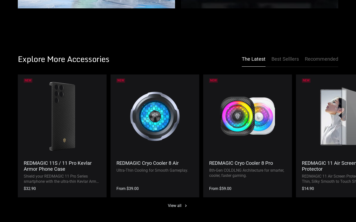 REDMAGIC Explore More Accessories row — Kevlar case, Cryo Cooler 8 Air/Pro, 11 Air Screen Protector.