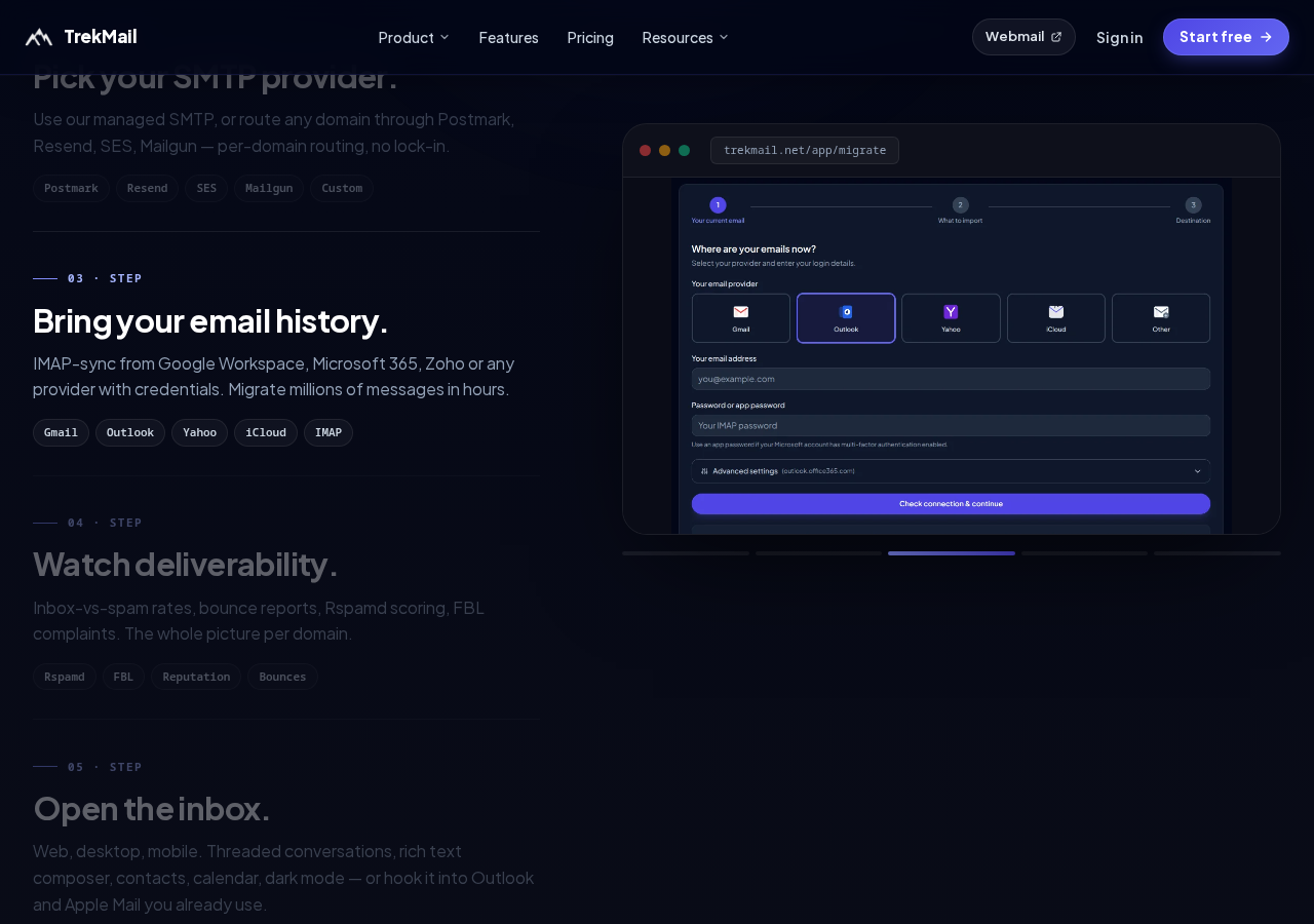 TrekMail product tour steps — pick your SMTP provider, bring your email history, watch deliverability, open the inbox.