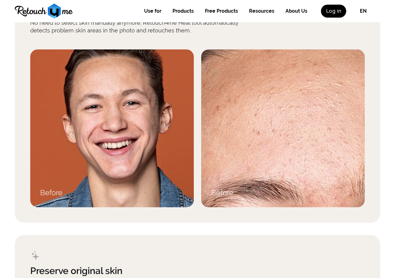 Retouch4me Heal product page with before/after skin comparisons and the 'Preserve original skin' section.