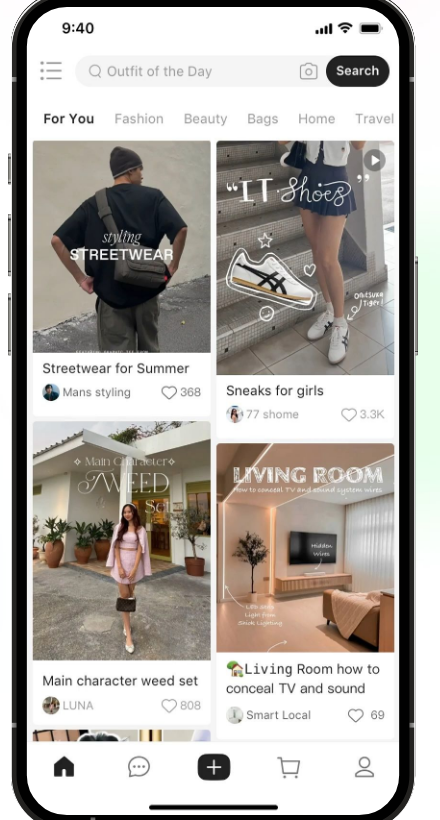 Hacoo For You feed inside the mobile app with outfit, sneakers, streetwear and living-room posts.