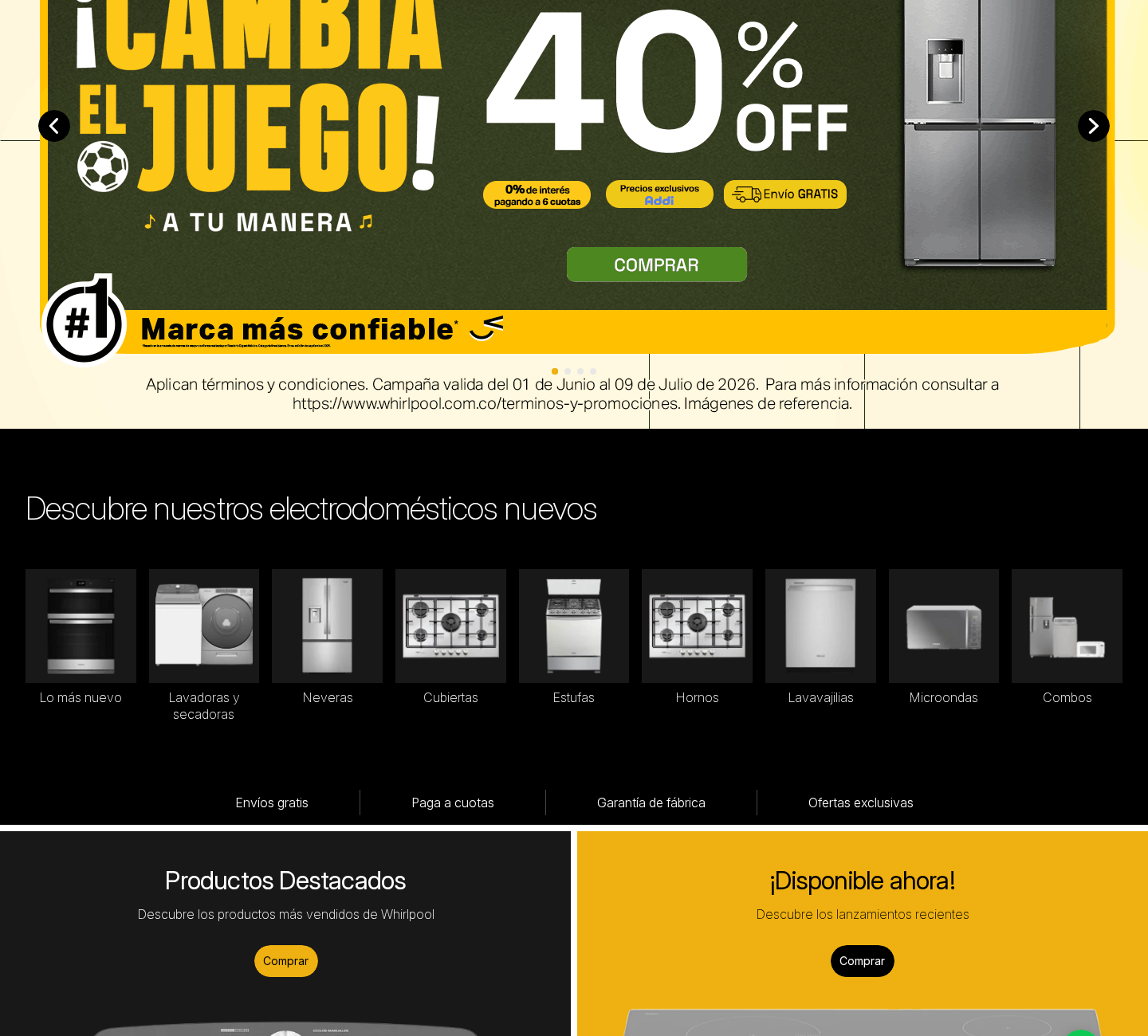 Whirlpool homepage highlighting a seasonal 40% appliance sale.