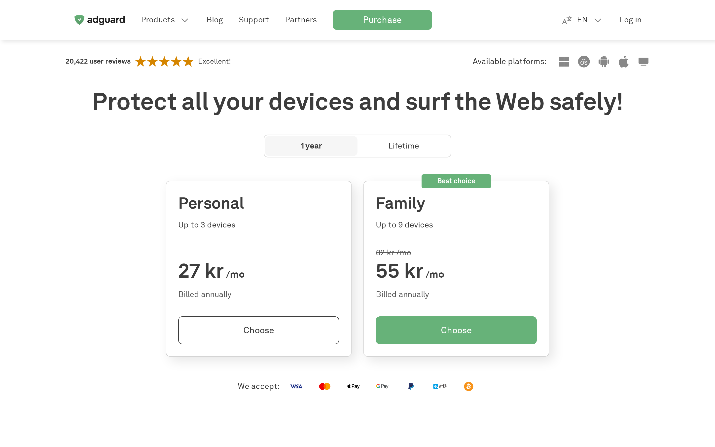 AdGuard license page on adguard.com showing personal and family license tiers.