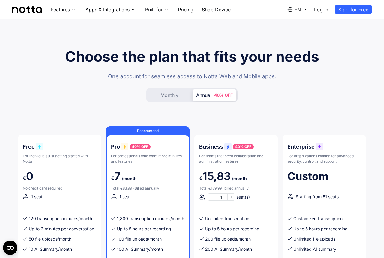 Notta pricing page — Free, Pro at €7/month, Business at €15.83/month and custom Enterprise, with per-plan minute limits.