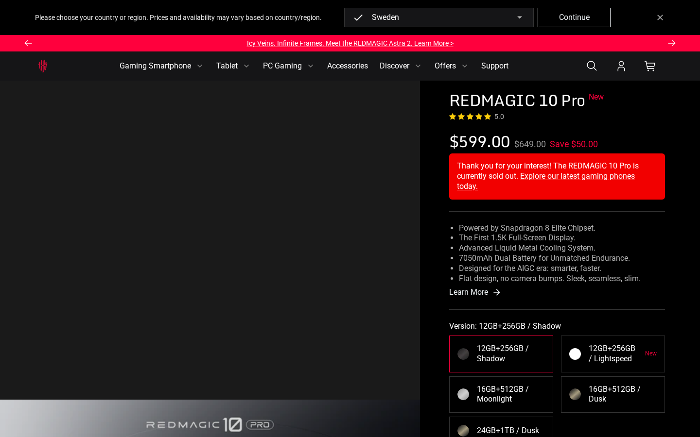 REDMAGIC 10 Pro product page on global.redmagic.gg — $599 with Snapdragon 8 Elite.