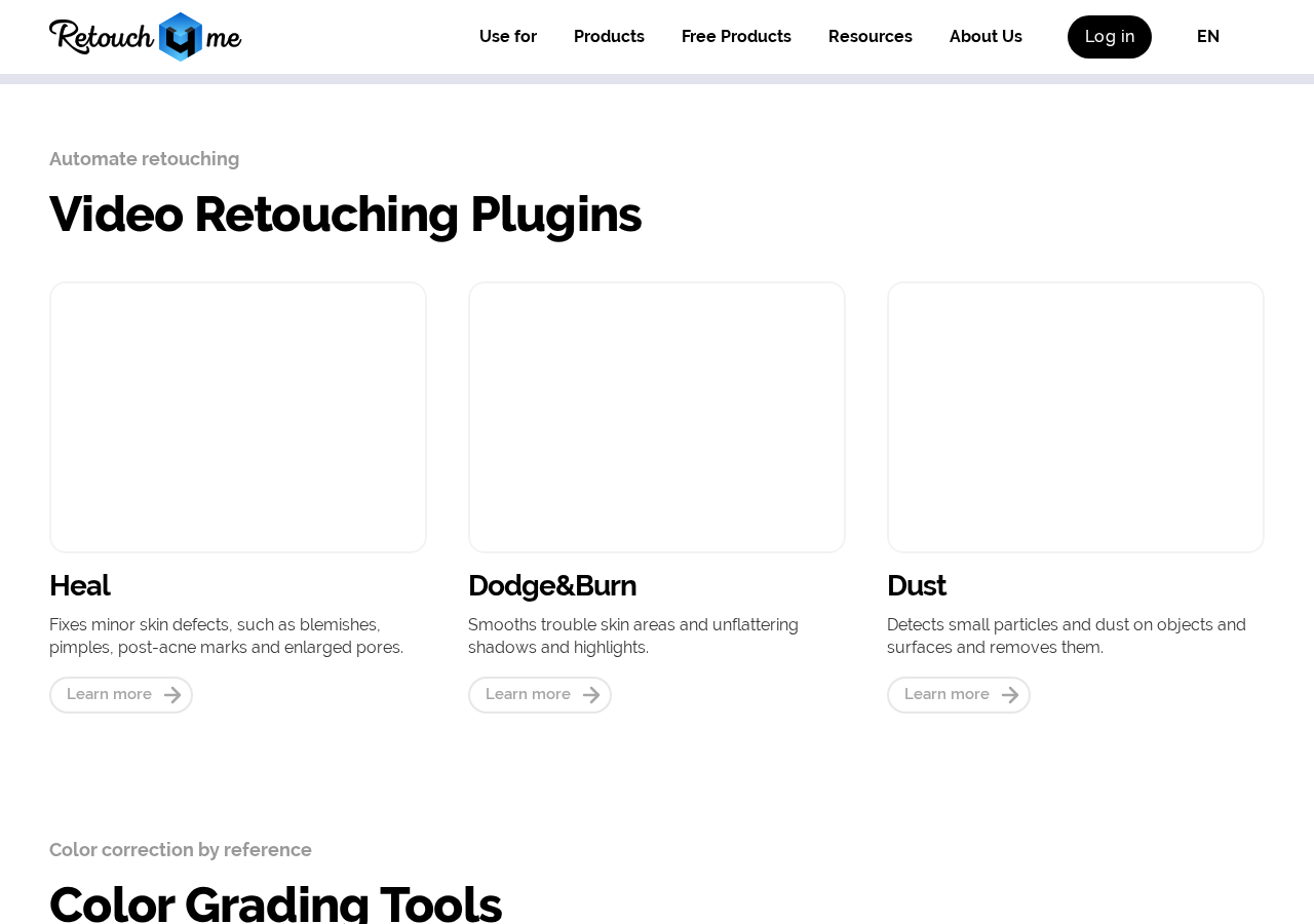 Retouch4me Video Retouching Plugins page — Heal, Dodge&Burn and Dust cards above the Color Grading Tools section.