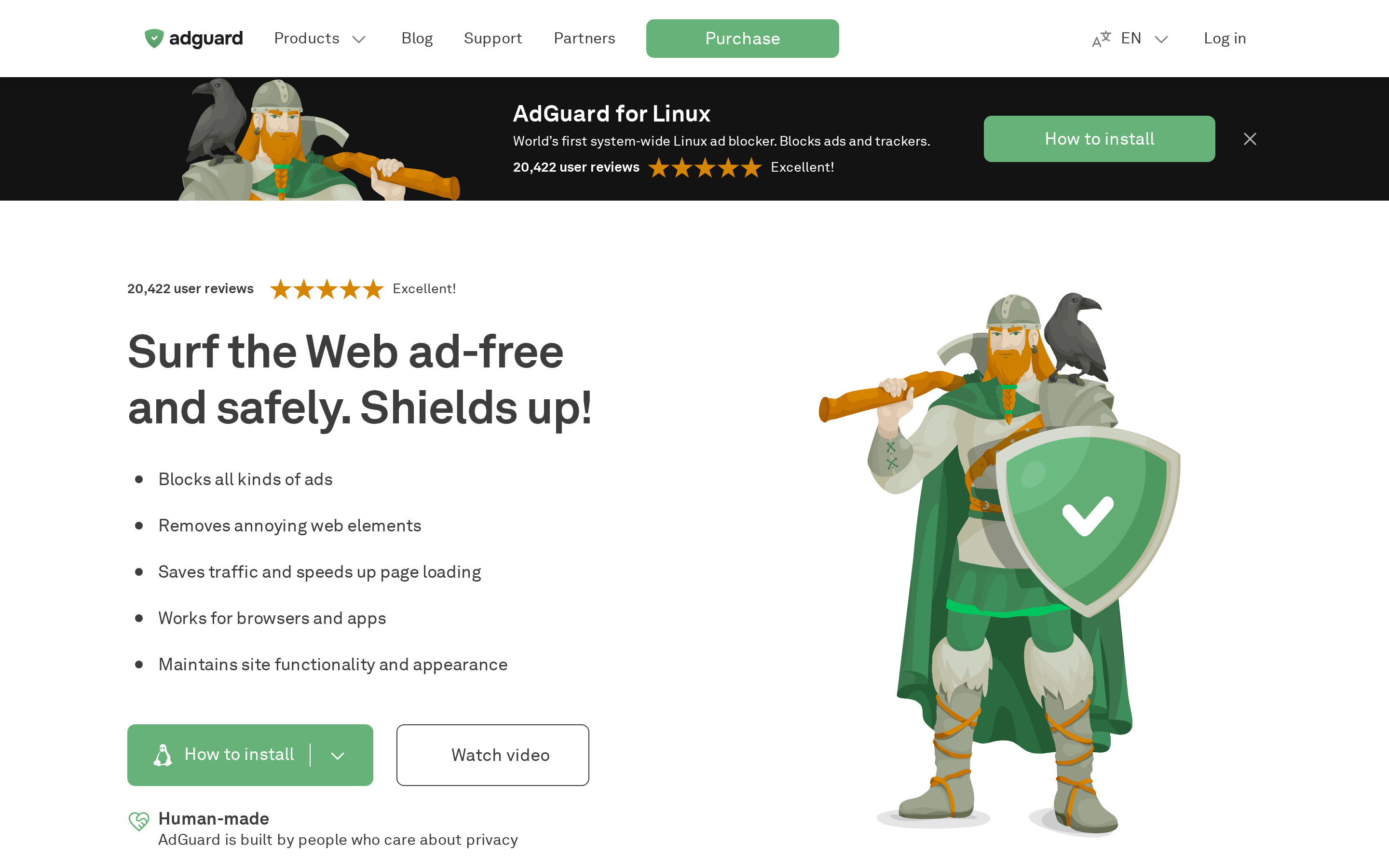 AdGuard homepage on adguard.com introducing the ad blocker, VPN and DNS lineup.