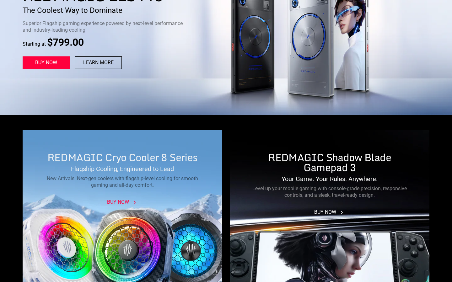 REDMAGIC 11S Pro landing section with Cryo Cooler 8 Series and Shadow Blade Gamepad 3 tiles.