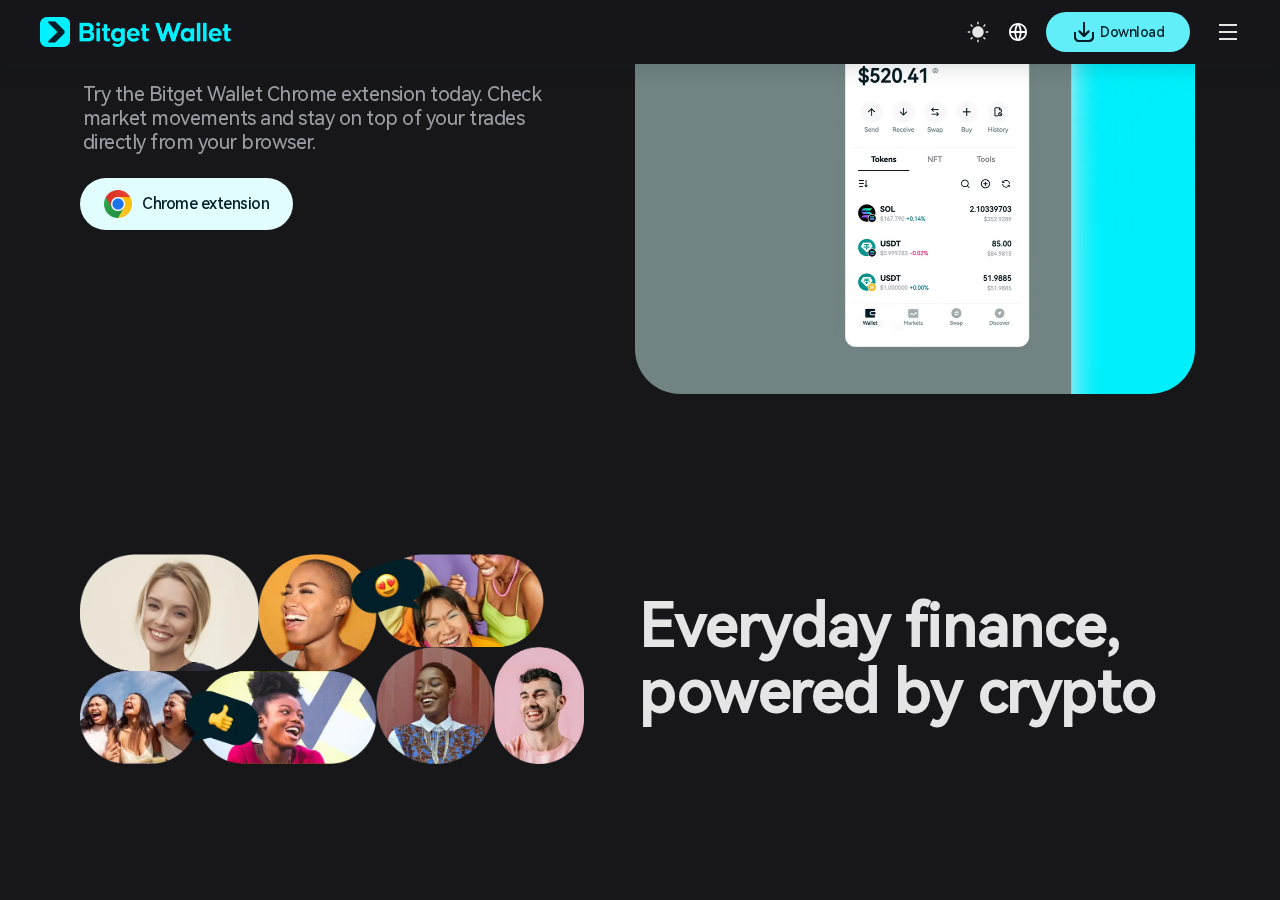Bitget Wallet Chrome extension section — 'Check market movements directly from your browser' with the wallet interface shown on a phone.