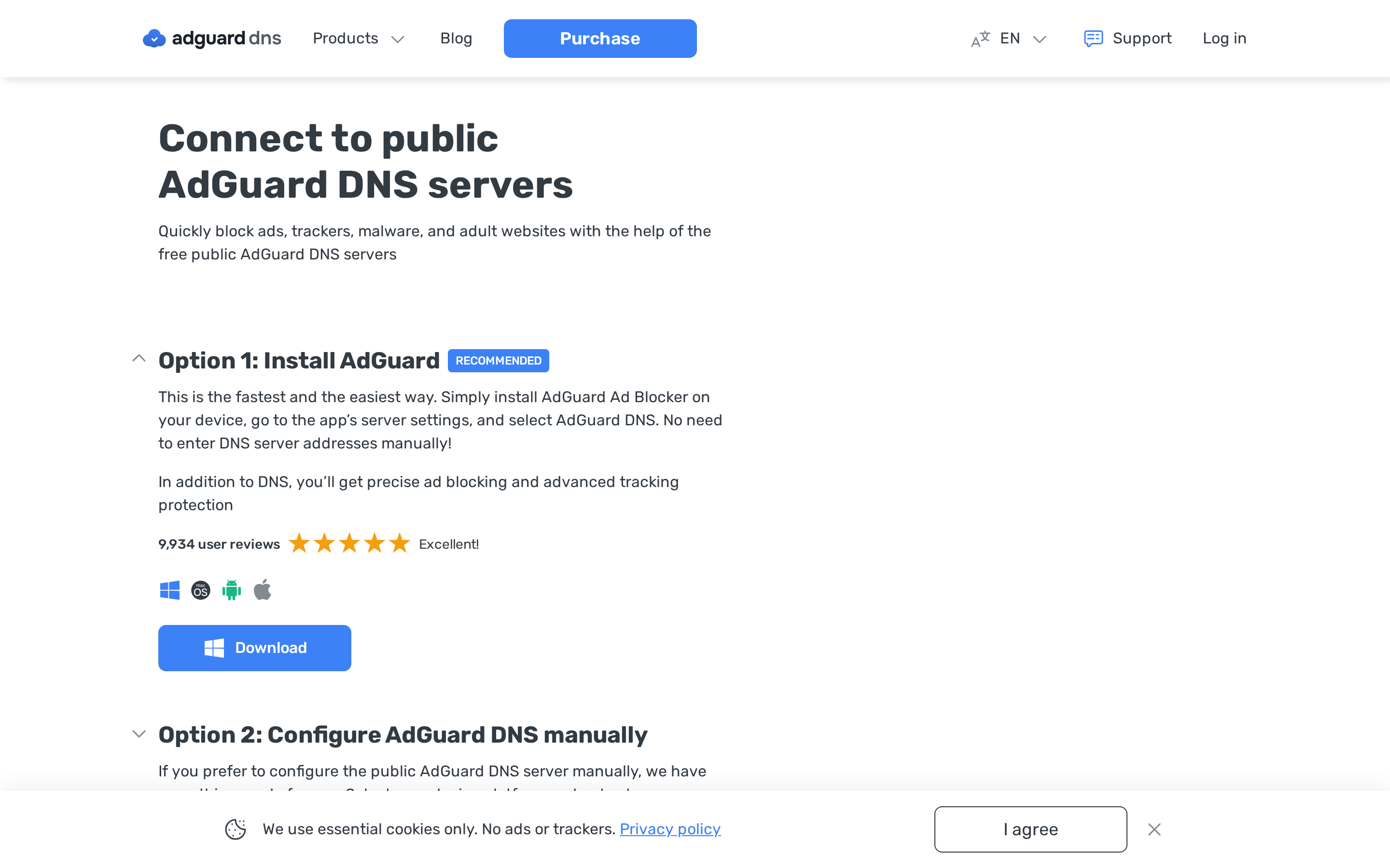 AdGuard Public DNS page on adguard-dns.io listing DoH, DoT and DoQ endpoints.