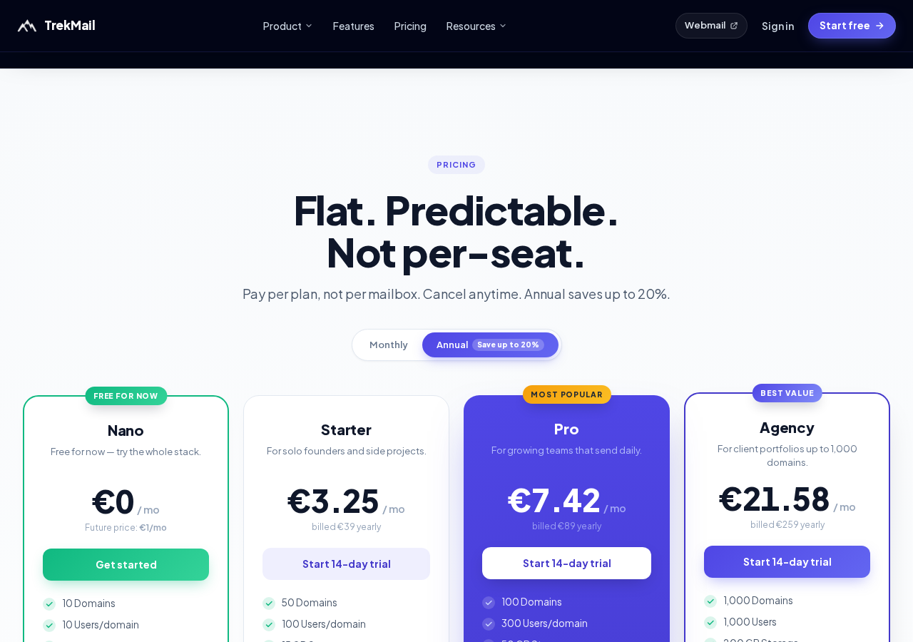 TrekMail pricing page — Nano, Starter, Pro and Agency plans with flat monthly prices and domain limits.