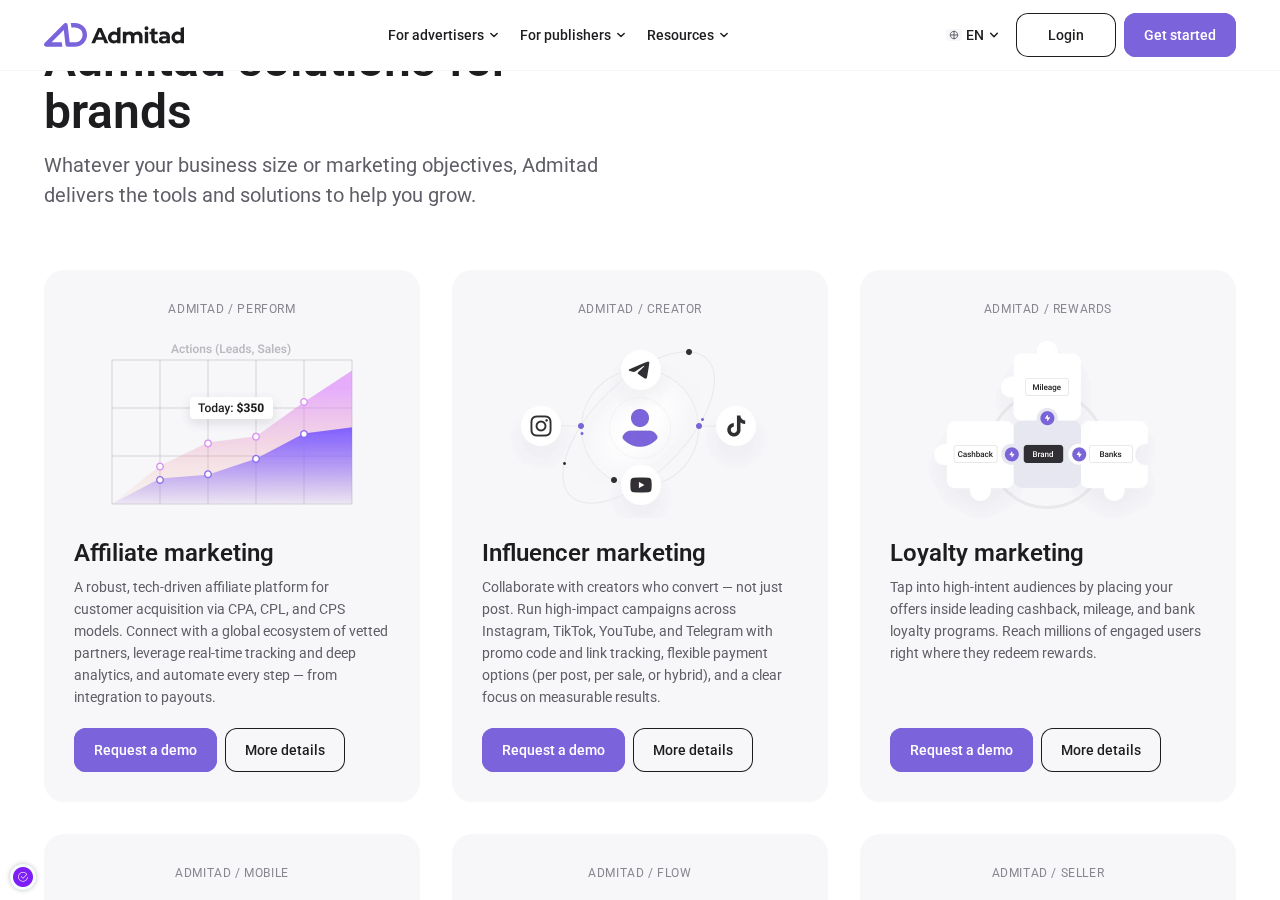 Admitad solutions for brands — Perform, Creator and Rewards products from admitad.com.