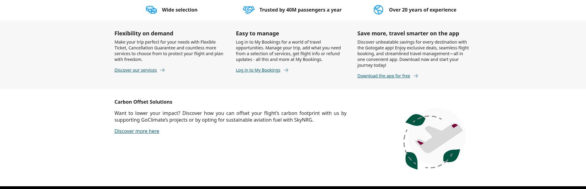 Gotogate homepage strip highlighting wide selection, 40M passengers and 20+ years of experience.