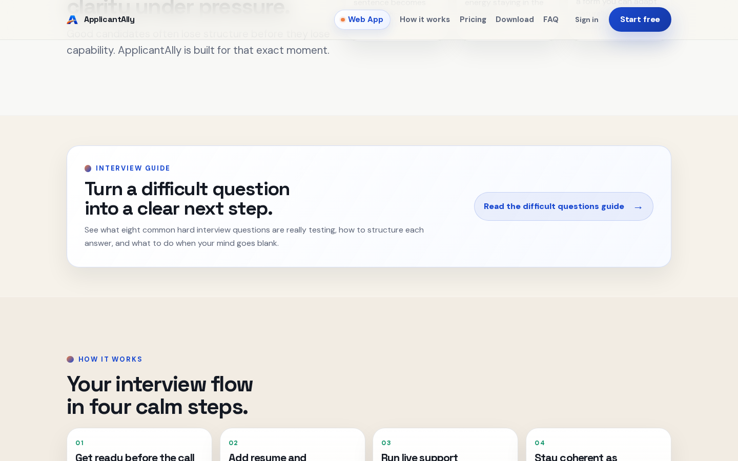 ApplicantAlly interview guide block — 'Turn a difficult question into a clear next step' above the four-step interview flow.