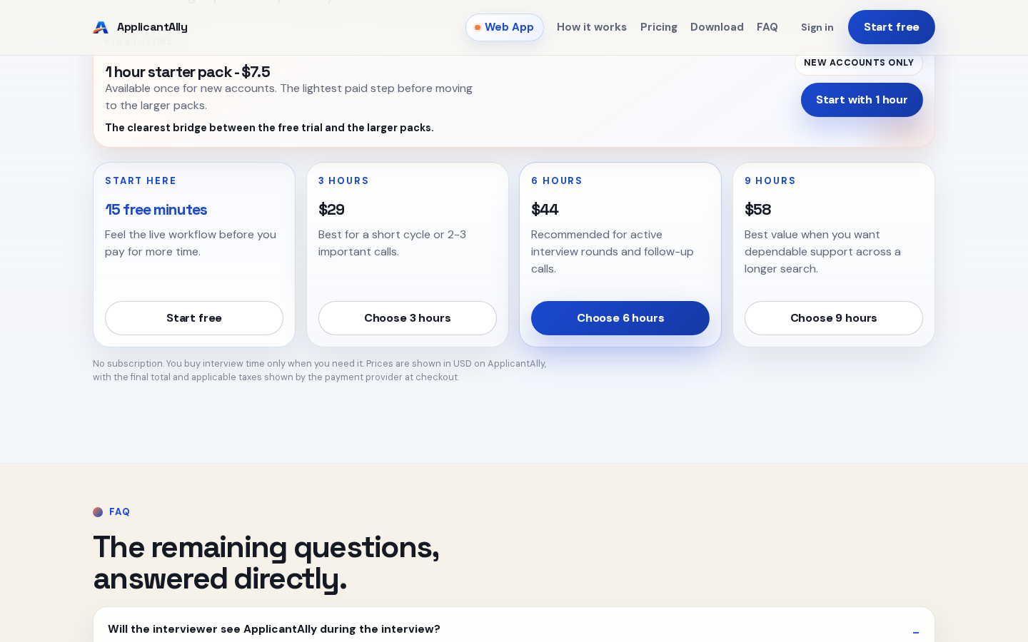 ApplicantAlly pricing page — 15 free minutes, a $7.50 one-hour starter pack, and 3, 6 and 9 hour time packs with no subscription.
